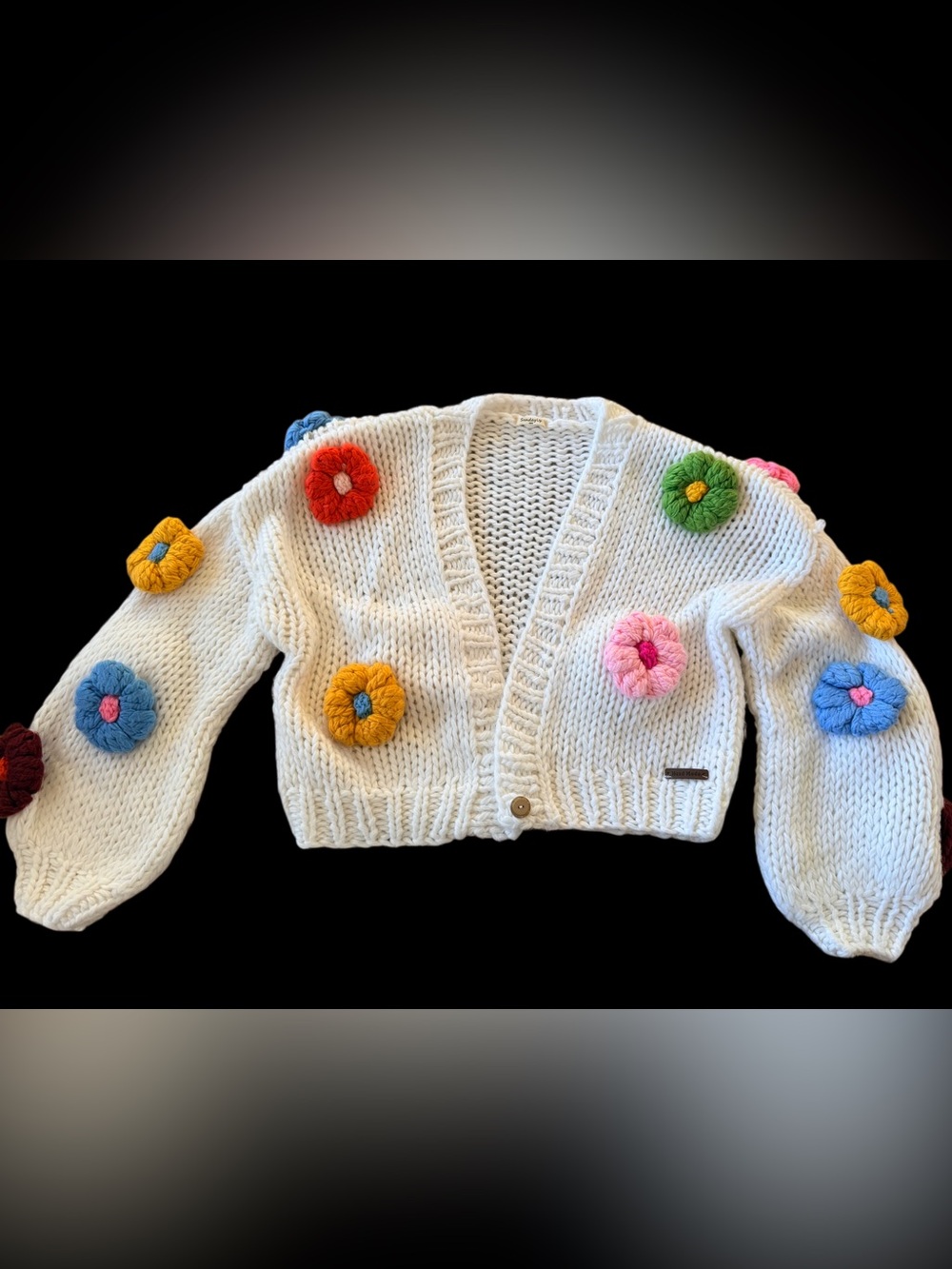 Chunky White Knit Cardigan with Colorful 3D Flowers- Hand knit